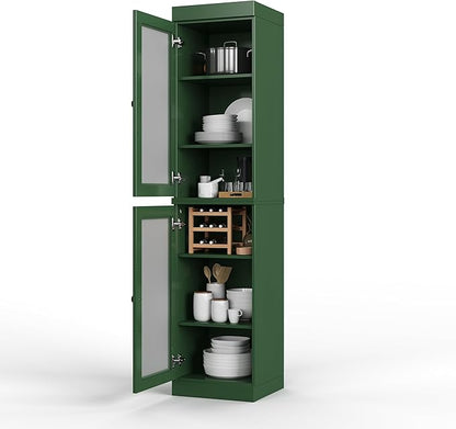 Palace Imports Solid Wood Kitchen Pantry Cabinet w/Frosted Glass Doors - Narrow Storage Cabinet - 16.5" Wide x 71.5" Tall - Green, Adjustable Shelves, 100% Eco-Friendly Wood, Modular Cabinets