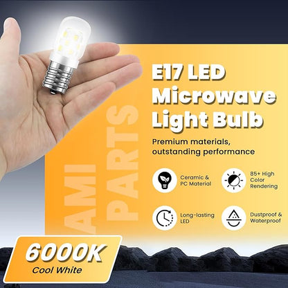 AMI PARTS E17 LED Light Bulb 3W Daylight White, 8206232A 40 Watt Appliance Bulb Incandescent Equivalent,for Microwave Light Bulbs Under Hood Refrigerators Oven (2 Packs 6000K Cool White) Non-dimmable