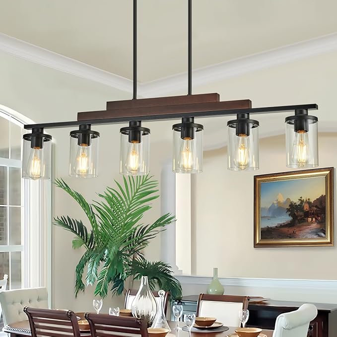 Kitchen Island Light Fixture/Chandelier Over Table,Farmhouse Black Rustic Wood Hanging Light Fixtures for Dining Room with 6 Glass Shade
