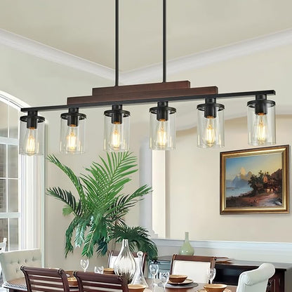 Kitchen Island Light Fixture/Chandelier Over Table,Farmhouse Black Rustic Wood Hanging Light Fixtures for Dining Room with 6 Glass Shade