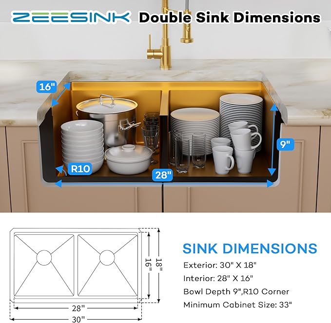 Double Bowl Kitchen Sink 30" X 18",Gold Kitchen Sink Undermount,16 Gauge Stainless Steel Double Bowl Sinks with Workstation