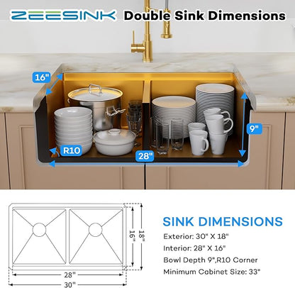 Double Bowl Kitchen Sink 30" X 18",Gold Kitchen Sink Undermount,16 Gauge Stainless Steel Double Bowl Sinks with Workstation