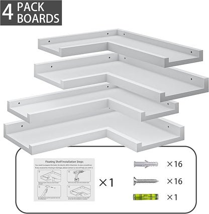 4 Tier Corner Wall Shelf, Floating Shelves with Lip, White Modern Corner Shelves Wall Mounted, Solid Pine Wood L Shaped Shelf for Living Room, Bedroom, Bathroom, Home Storage