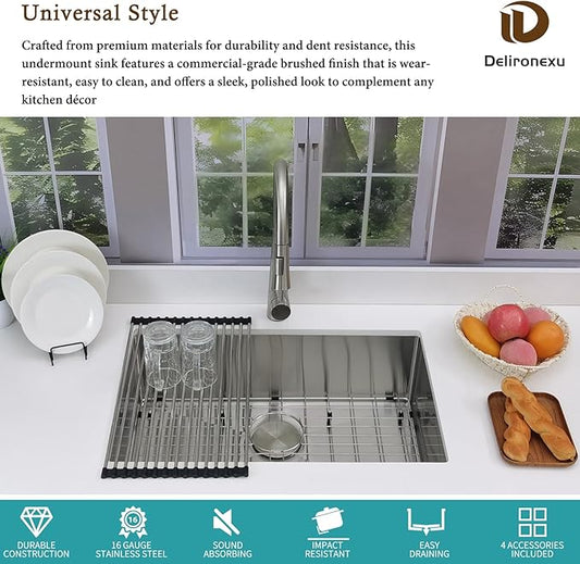 28 Inch Undermount Kitchen Sink, Delironexu 16 Gauge 304 Stainless Steel Kitchen Sink, 28" x 18" Single Bowl Undermount Sink with 4 Accessories: Bottom Grid, Roll-Up Rack, Drain & Towel