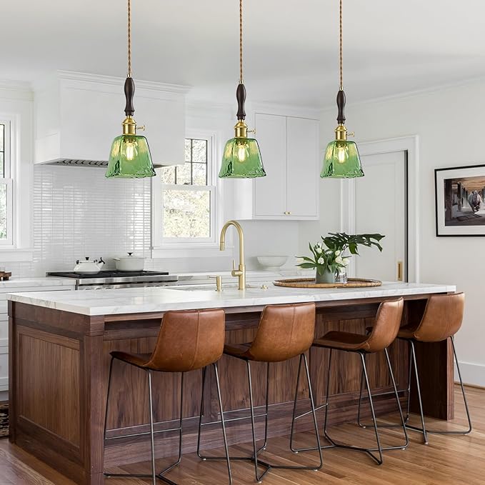 Green Glass Vintage Pendant Light Height Adjustable Handmade Glass Pendant Lights Kitchen Island Gold Hanging Light Fixture with Wood Handle for Bedroom Dining Room Hotel (1 Pack)