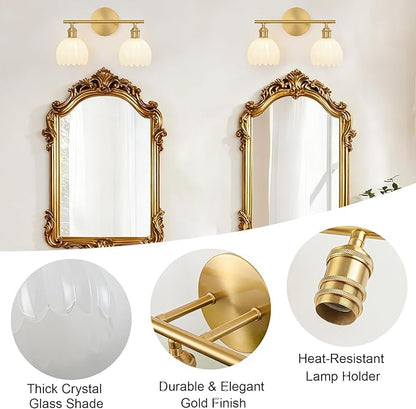 Gold Bathroom Light Fixtures Over Mirror, 2 Light Bathroom Vanity Light Fixture with Tulip Milk White Glass Lampshade, Vintage Vanity Lights for Bathroom, Bathroom Vanity Lights Over Mirror
