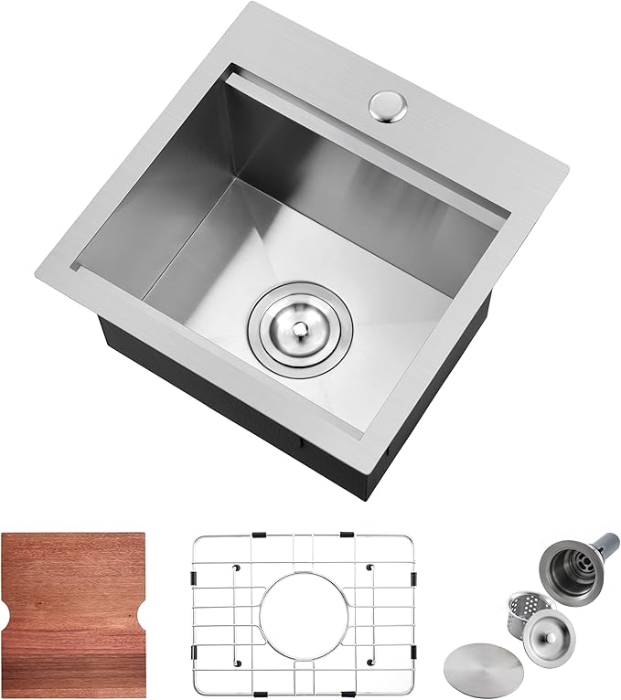 Doirteal 15 x 15 inch Drop-in Kitchen Sink, 16 Gauge Stainless Steel Single Bowl Bar Prep Sink, 9 Inch Deep Compact Topmount Sink for Apartment, RV and Small Spaces, Brushed Silver