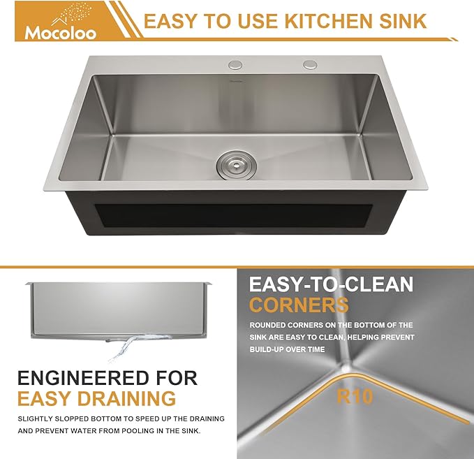 33 Inch Drop In Kitchen Sink - Mocoloo 33 x 19 Inch Stainless Steel Kitchen Sinks Topmount 16 Gauge Single Bowl Above Counter Handmade, 33''x19''x10'' Kitchen Sink Drop In with Offset Drainer