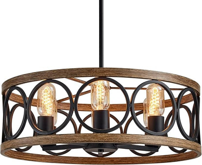 MEIXISUE Modern Farmhouse Drum Chandelier Black and Retro Wood Finish 6-Lights Round Metal Antique Vintage Chandelier Light Fixtures for Kitchen Dining Room Living Room Bedroom