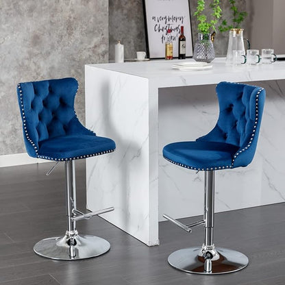 LUMISOL 2 Piece Swivel Velvet Bar Stools, Modern Upholstered Chrome Base Bar Stools with Backs Comfortable Tufted for Home Pub and Kitchen Island, Adjustable Seat Height from 25”-33”, Blue+Silver