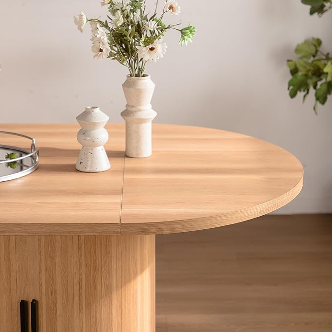 59 inch Oval Dining Table for 4-6 People, Modern Farmhouse Oval Kitchen Table with 2 Tier Storage Shelf, Sliding Cabinet Door, Space Saving Wooden Dinner Table for Kitchen Dining Room Living Room