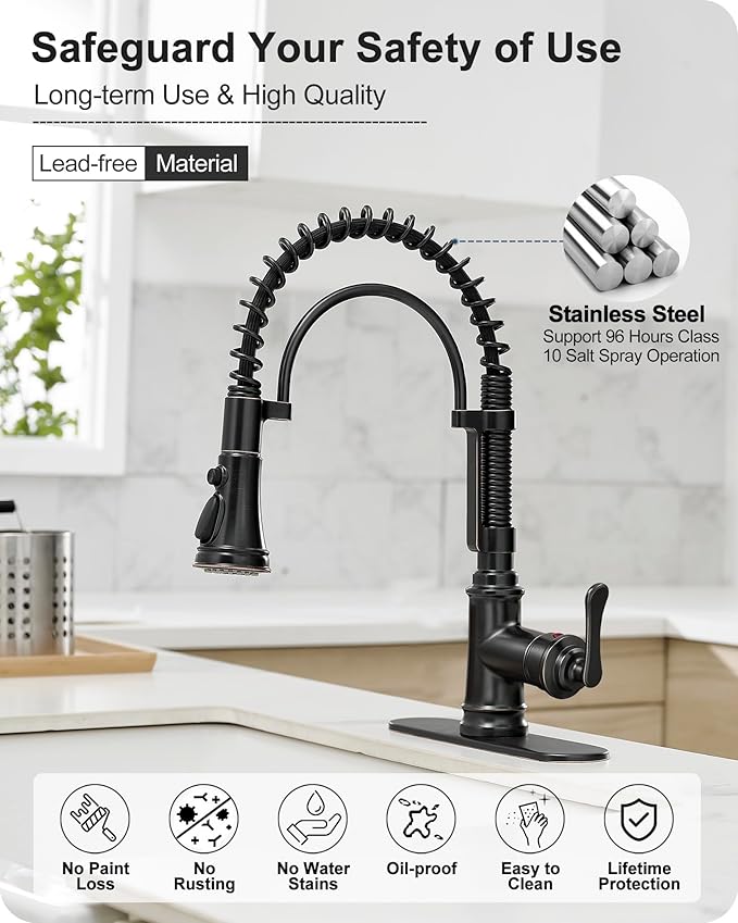 3 Modes Bronze Kitchen Faucet with Pull Down Sprayer, Single Hole Kitchen Sink Faucet 3 Hole, Stainless Steel High Arc Spring Style, 360 Degree Swivel with One Handle & Deck Plate for Farmhouse