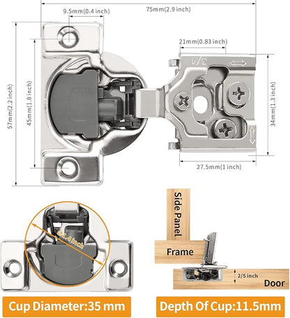 Chibery 2 Pack 3/4" Overlay 3D Soft Close Concealed Hinge for Face Frame Door, Smooth Slow Self Closing Hinges, Satin Nickel, Hidden 105° Open Angle Stainless Steel Hinge for Kitchen Cabinet Door