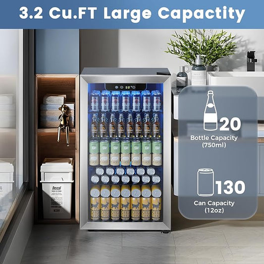 Electactic Mini Fridge 130 Can Beverage Refrigerator Cooler, 3.2 Cu.Ft Drink Fridge forSoda Wine Beer, Digital Temperature Control Cooler for Home, Dorm, Bar