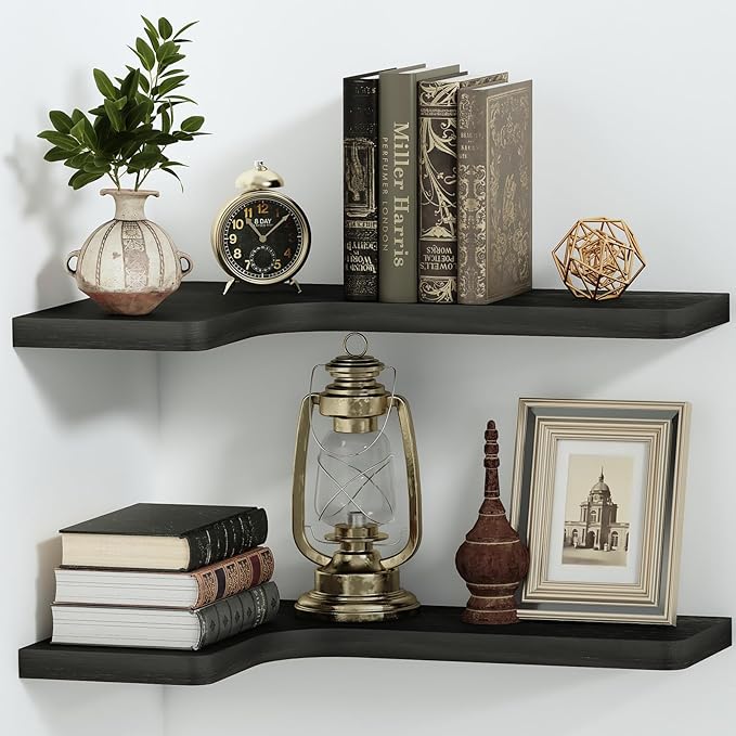 SAUMONIERES Corner Floating Shelves 24 Inch Wall Mount Shelf Solid Wood for Bedroom Bathroom Kitchen Storage Set of 2, Black