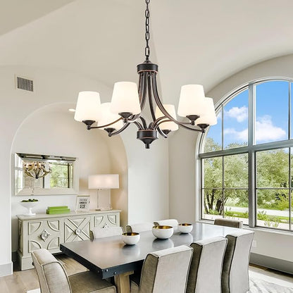6-Light Farmhouse Chandeliers Black and Gold Dinner Room Light with Frosted Glass 47.2" Adjustable Pendant Ceilling Lighting Rustic Vintage Hanging Lamp for Kitchen Island Dining Table Living Room