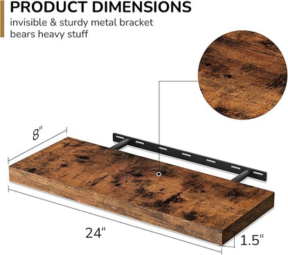Fun Memories 24 Inch Floating Shelves - Deep Rustic Wooden Wall Shelves - Extra Deeper & Thicker Wall Mounted Storage Shelf for Bedroom, Kitchen, Farmhouse - 2 Pack, Rustic Brown