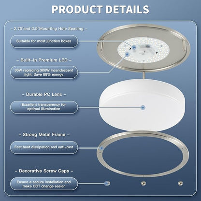 36W 12Inch LED Ceiling Light Fixtures, Flush Mount Light Fixtures, 5CCT 2700K 3000K 4000K 5000K 6500K, Close to Ceiling Light for Kitchen Bathroom Kitchen Bedroom, Super Bright 3800LM, Nickel, 2 Packs