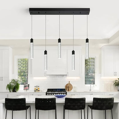 5 Black Pendant Lights Kitchen Island Modern with Adjustable Height - Clear Cylinder Island Lights, 3000-6000K Dimmable Kitchen Pendant Lighting for, Dining Room, Bar Counter