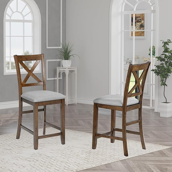 Ball & Cast Counter Height Stools Set of 4, 24" H X-Backrest Bar-Stool with Padded Seats, Rubber Wood Kitchen Dining Chairs for Counter-Table, 4 Piece Upholstered Barstools, Easy Assembly, Walnut