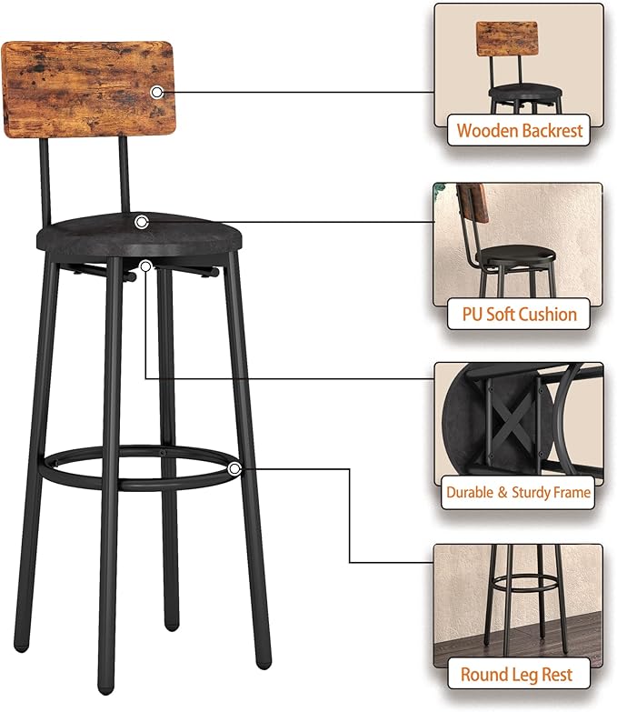 Bar Table Set for 2 with 2 PU Upholstered Stools, Pub Bistro Dinning Table and Stools with Backrest, Counter Height Bar Table Set for Apartment, Kitchen, Small Space
