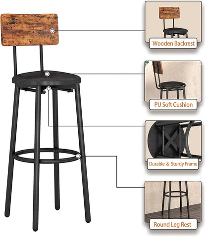 Bar Table Set for 2 with 2 PU Upholstered Stools, Pub Bistro Dinning Table and Stools with Backrest, Counter Height Bar Table Set for Apartment, Kitchen, Small Space