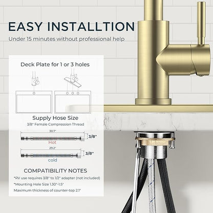 QFN Gold Kitchen Faucet with Pull Down Sprayer, High Arc Single Handle Single Level Stainless Steel Pull Out Sink Faucet for Farmouse Camper RV Bar, Fit for 1 or 3 Hole