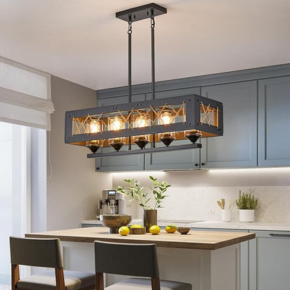 Black 5-Light Farmhouse Chandelier, Adjustable Rustic Kitchen Island Light Fixture for Dining Room and Kitchen Table