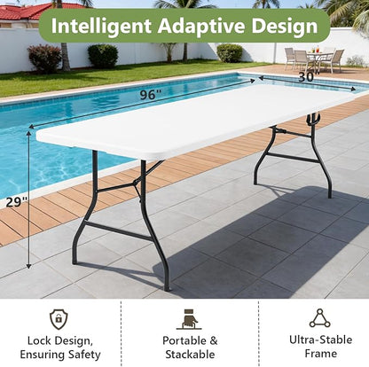 Folding Table 8FT Heavy Duty Plastic Table with Handle, Foldable&Portable, Fold-in-Half Utility Tables for Outdoor, Dining, Wedding, Events, Indoor, Picnic, Camping, Party, White