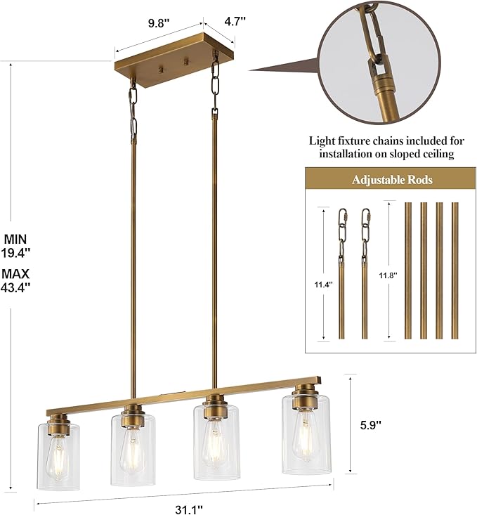 Mecgirn Island Light for Kitchen, Brushed Brass Dining Room Light Fixture Over Table, 4-Light Linear Chandelier Pendant Lighting for Dining Table Kitchen Island Living Room