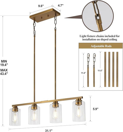 Mecgirn Island Light for Kitchen, Brushed Brass Dining Room Light Fixture Over Table, 4-Light Linear Chandelier Pendant Lighting for Dining Table Kitchen Island Living Room