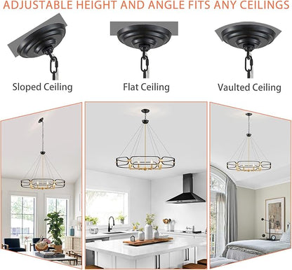 Black and Gold Chandelier, 31" Large 8-Light Industrial Chandeliers for Dining Room, Round Farmhouse Kitchen Pendant Light Fixture for Entryway, Living Room, Bedroom, Foyer