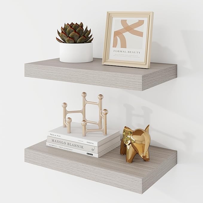 Acovy 16 Inch Floating Shelves, 9.3" Deep Floating Shelf Wall Mounted, 16" Wall Shelves, Rustic Deep Bookshelf, Large Display Shelves & Storage Shelves for Bedroom, Living Room, Greige, Set of 2