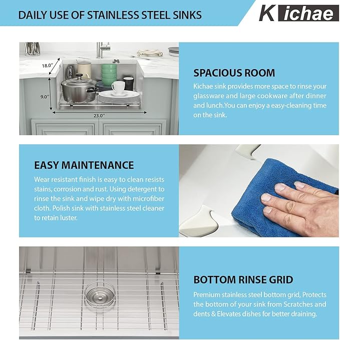 Kichae 23 Inch Undermount Kitchen Sink Single Bowl 16 Gauge Stainless Steel Handmade Modern Bar Prep Small Kitchen Sink Round Corner