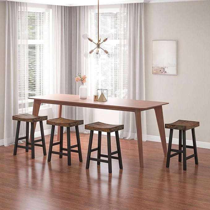 ERGOMASTER Wooden Backless Saddle Barstools Set of 4, 24-inch Counter Height Rustic Bar Stools with Rubber Wood Frame & Footrest for Kitchen Island, Dining Room, Pub