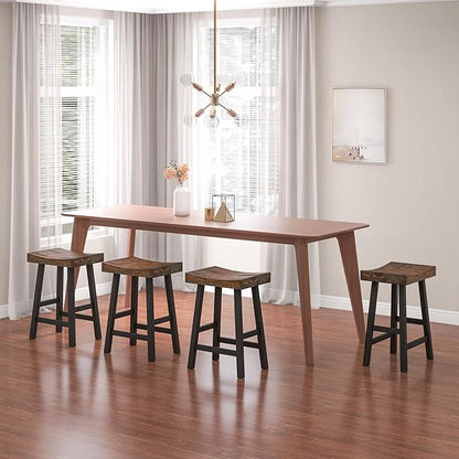 ERGOMASTER Wooden Backless Saddle Barstools Set of 4, 24-inch Counter Height Rustic Bar Stools with Rubber Wood Frame & Footrest for Kitchen Island, Dining Room, Pub