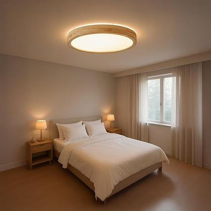 LED Ceiling Light Fixture 15.74, Handcrafted Natural Wood Modern Wabi-Sabi Style, 42W LED 3000K-4000K-6000K, Low Profile Lamp for Bedroom Kitchen Hallway Dining