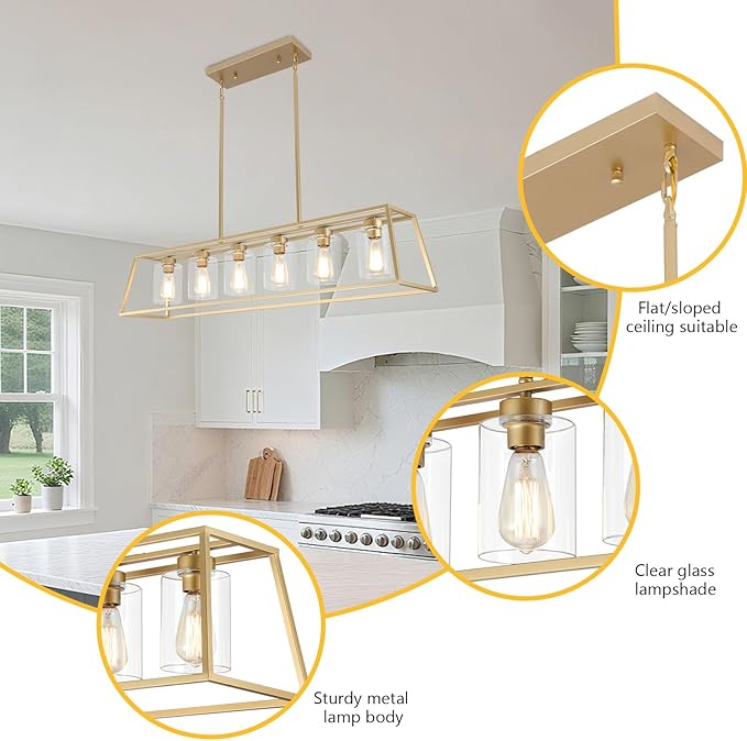 6-Light Gold Chandeliers for Dining Room | Modern Kitchen Island Light Fixture | Rectangle Chandelier for with Clear Glass Shade | Apply to Dining Room Light fixtures Over Table