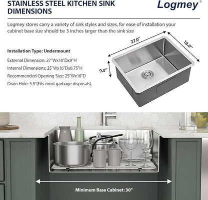 Logmey 27 Inch Undermount Kitchen Sink 27x18 In Handmade Stainless Steel Kitchen Sinks 16 Gauge 9 Inch Deep Single Bowl Sinks 27x18x9 Inches Under Counter Handmade Sink