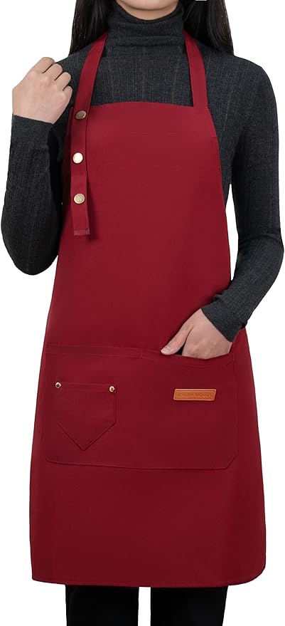 Apron for Men Women with Adjustable Straps and Large Pockets, Canvas Cotton Cooking Kitchen Chef Bib Aprons Waterproof Red