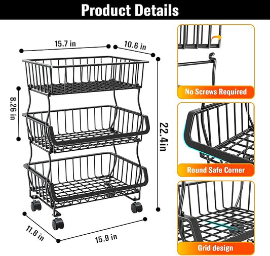 Gsiekare 3-Tier Rolling Pantry Organizer and Storage Cart with Wheels – Stackable Wire Snack Cart for Kitchen, Pantry Shelves and Storage Rack for Fruit, Vegetables, Onion, Potato (1 Pack)