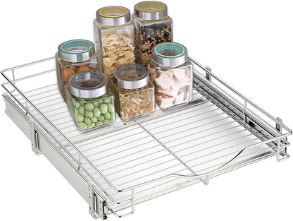 DINDON Pull Out Cabinet Organizer, (17" W x 21" D) Heavy-Duty Metal Sliding Drawer Shelf, Bathroom Under Sink Kitchen Cabinets Organizer and Storage Slide Out Shelves, Chrome, 1 Tier, 2 Pack