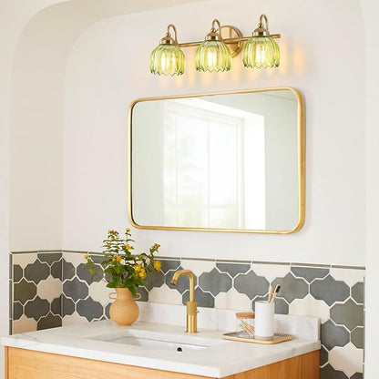 Vintage Bathroom Light Fixtures, Brass Vanity Lights with Green Tulip Glass Shade, Vanity Sconces for Bathroom Bedroom Living Room Hallway, 3-Light