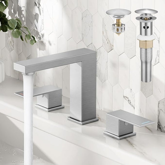 KES Brushed Nickel Bathroom Faucet 3 Hole, 8-Inch Widespread Bathroom Sink Faucet with Metal Bathroom Sink Drain with Overflow, Vanity Faucet with cUPC Supply Line, L4350LFF12-BS-C1