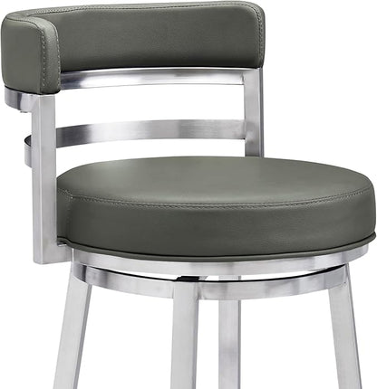 Armen Living Madrid 26" Counter Height Swivel Modern Gray Faux Leather and Brushed Stainless Steel Bar Stool for Kitchen Island Counter