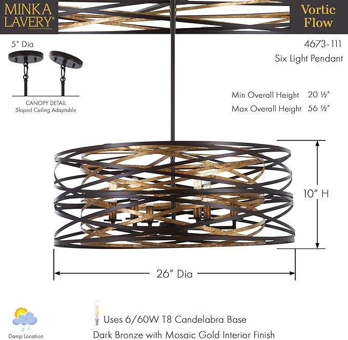 Minka Lavery 4673-111 Vortic Flow Pendant, 6-Light, 360 Total Watts, 26-in H x 10-in W, Dark Bronze with Mosaic Gold Interior