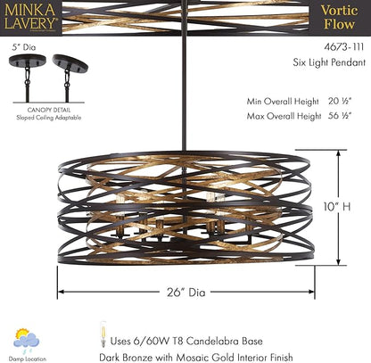 Minka Lavery 4673-111 Vortic Flow Pendant, 6-Light, 360 Total Watts, 26-in H x 10-in W, Dark Bronze with Mosaic Gold Interior
