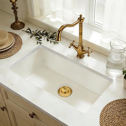 MILOSEN White Undermount Kitchen Sink, 28"x18" Granite Composite Single Bowl Kitchen Sinks, 9" Deep Large Undermount/Drop In Sink with Gold Accessories, White Quartz Kitchen Sinks for Modern Kitchen