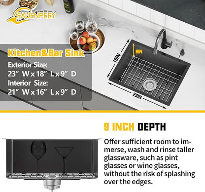 Black 23x18 Inch Undermount Kitchen Sink-Stainless Steel Single Bowl Drop In Kitchen Sink Stylish And Modern Look With Bottom Grid,Silicon Mat And Drain Assembly Add Elegance & Enhance Usability