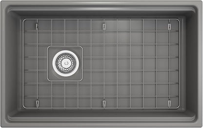 BOCCHI Contempo Workstation Apron Front Step Rim Fireclay 30 in. Single Bowl Kitchen Sink with Accessories in Matte Gray